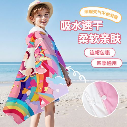 【Quick-dry Hooded Children's Towel】Double-sided fuzzy with Velcro, wearable swimming robe for older children, printed cape towel