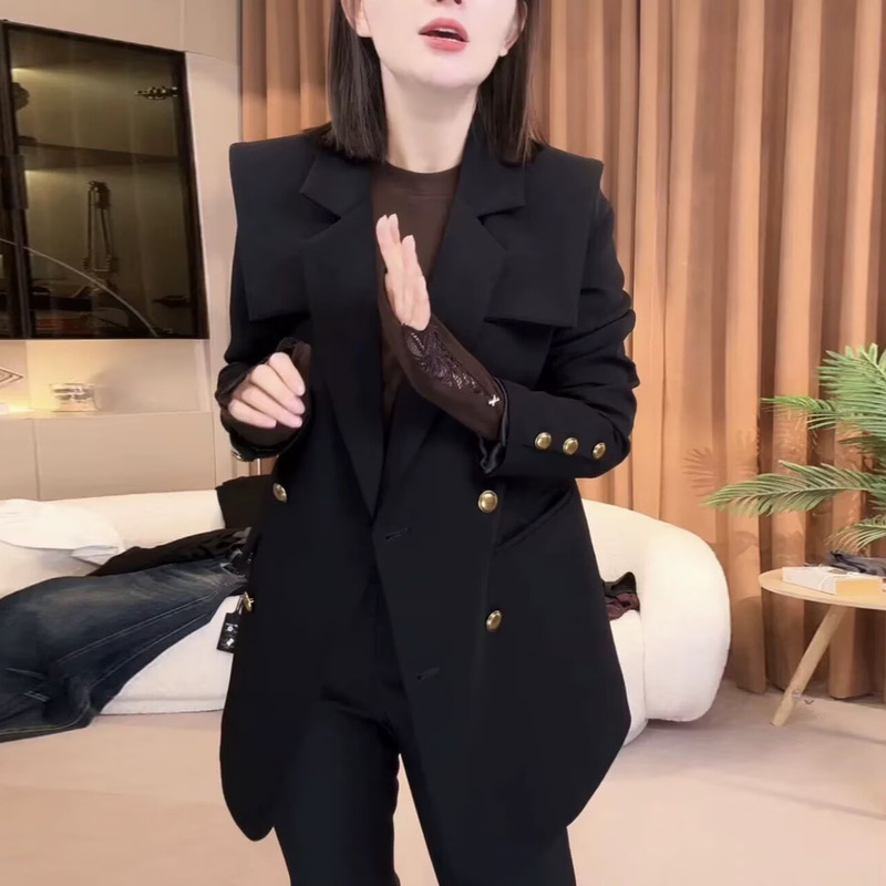 Stylish Detachable Navy Collar Double-Breasted Blazer for Women, Fashionable and Versatile, Slimming Professional Suit Jacket