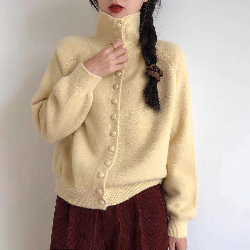Fenafu Autumn and Winter New High Collar Knitted Cardigan Women's Retro Korean Style Lazy Style High-grade Loose Sweater Jacket Fenafu Autumn and Winter New High Collar Knitted Cardigan Women's Retro Korean Style Lazy Style High-grade Loose Sweater Jacket