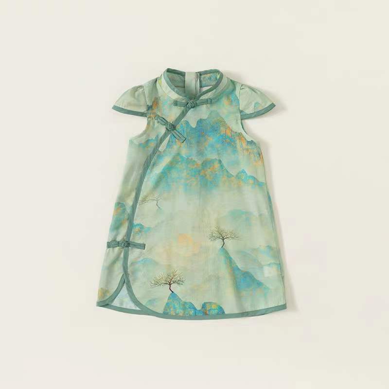 Ladie's Chinese Style Cheongsam Dress Summer 2023 New Children's Baby Republican Ancient Style Landscape Painting Button Dress