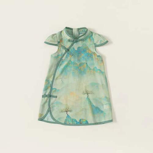 Ladie's Chinese Style Cheongsam Dress Summer  New Children's Baby Republican Ancient Style Landscape Painting Button Dress
