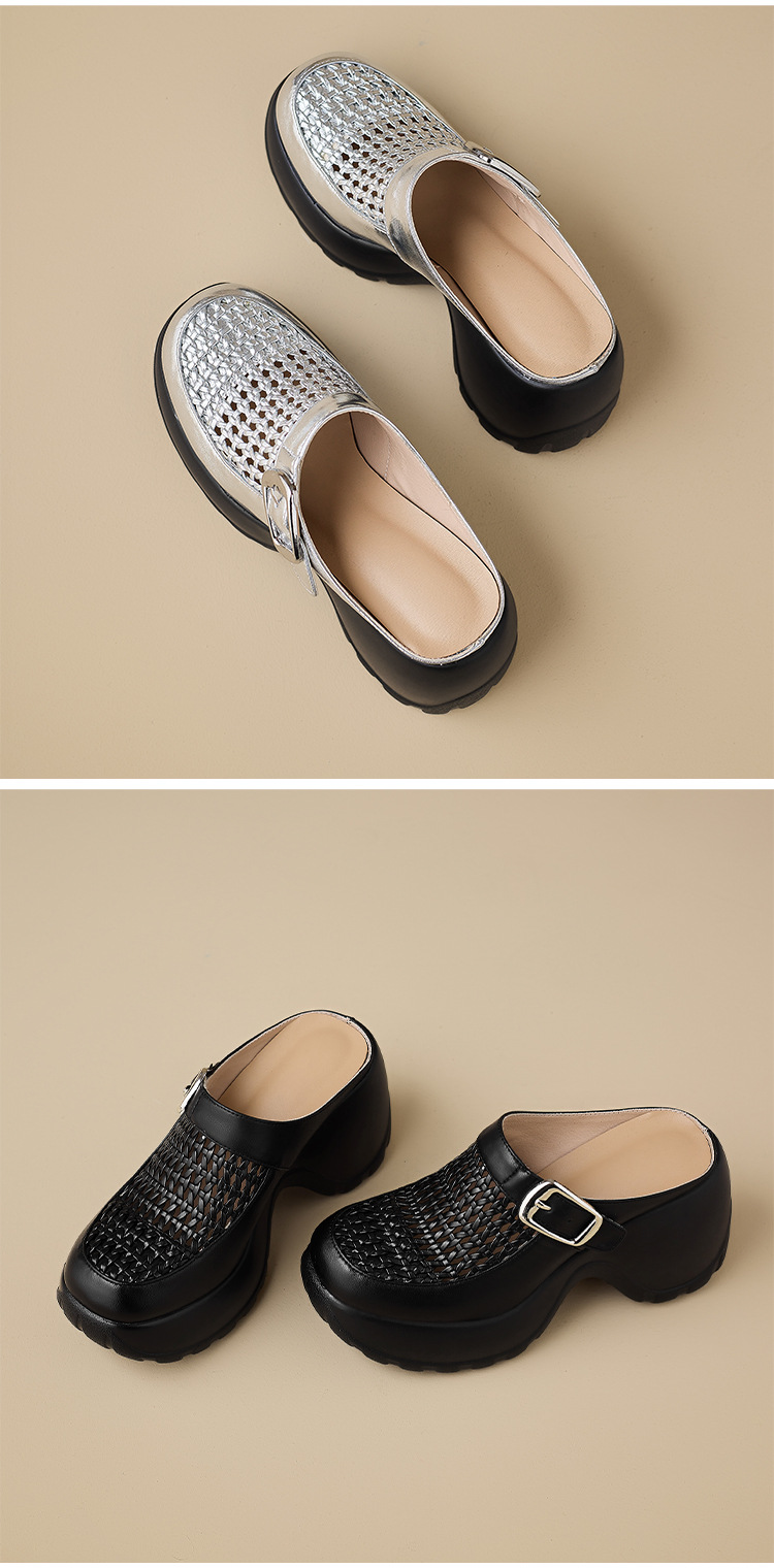 Dép sandal nữ quai chữ V đế dày mũi tròn phong cách Birkenstock — màu đen, bạc chi tiết 13