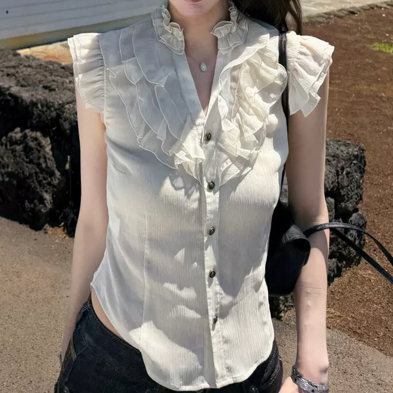 Jinyi "Miss Aurora" Korean-Style Fragrant and Gentle Ruffled Blouse with a Fluttering Sleeve Design for Women