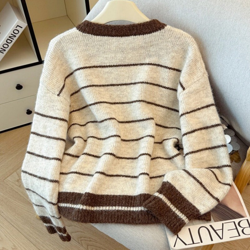 Stylish V-neck 2026 striped knit top with tie detail, perfect for autumn and winter, long-sleeved, and a great new design