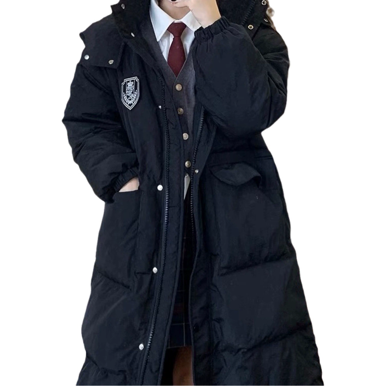 Новинка JK, женский пуховик выше колена средней длины, женское свободное утолщенное зимнее пальто в Корейском стиле в стиле преппи с капюшоном и белым утиным пухом