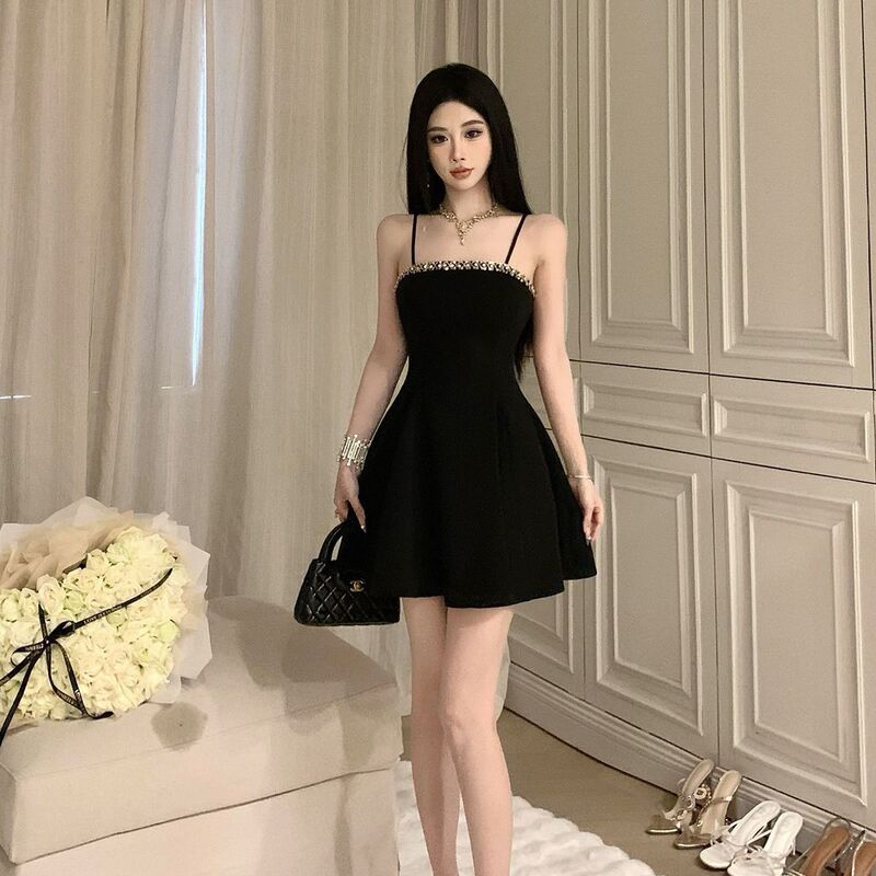 Celebrity-Style Light Luxury Heavy Beaded Spaghetti Strap Dress, Waist-Cinching Birthday Mini Dress, A-Line Skirt, Body-Concealing Celebrity-Style Light Luxury Heavy Beaded Spaghetti Strap Dress, Waist-Cinching Birthday Mini Dress, A-Line Skirt, Body-Concealing