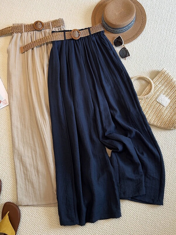 Tencel Linen Wide-Leg Pants for Women, Summer Thin Ice Silk Cotton Linen Pants, Elastic Loose Slimming Drape Floor-Length Pants Skirt