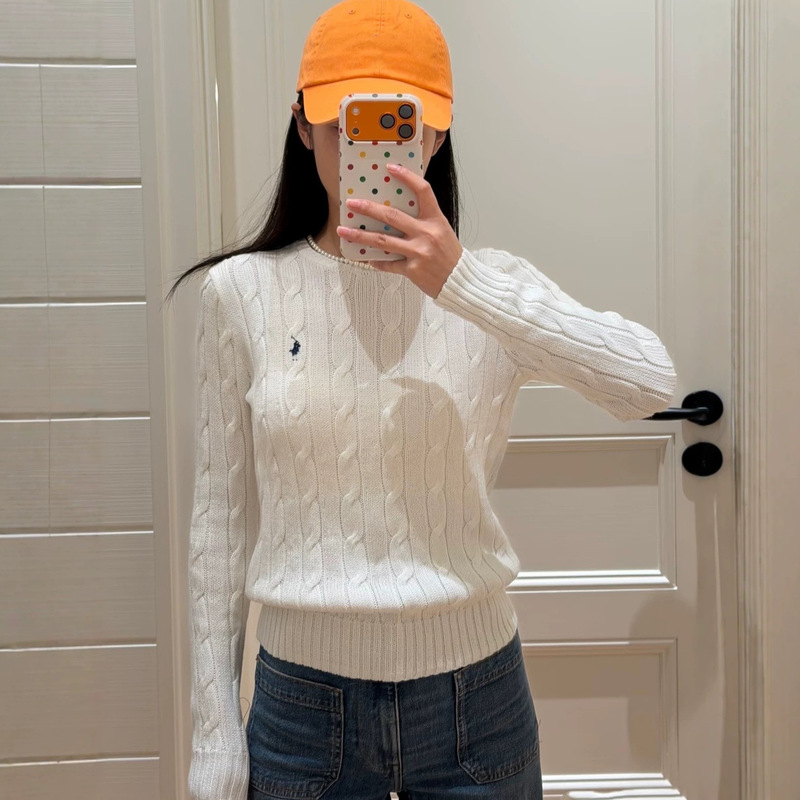 Original version with QR code, RL Ralph Lauren embroidered pony logo, round neck knit sweater for women, fashionable and versatile, cable knit, long sleeves