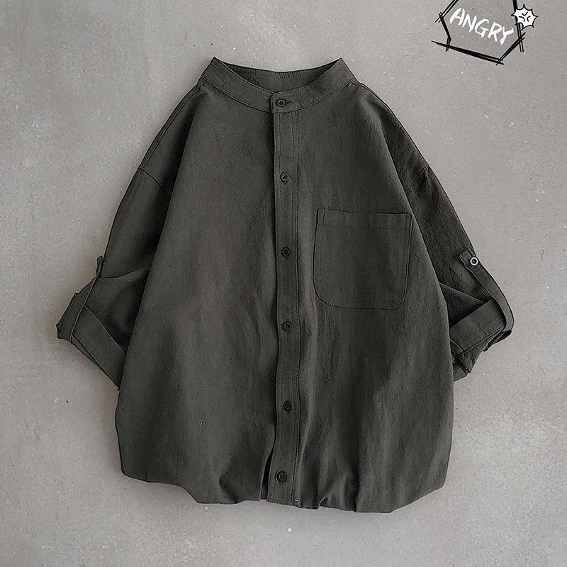 Camisa de manga corta cuello de soporte de manga tres cuartos para hombre Estilo coreano manga larga de moda Camisa de manga larga japonesa suelta de cinco cuartos color sólido superior primavera y verano