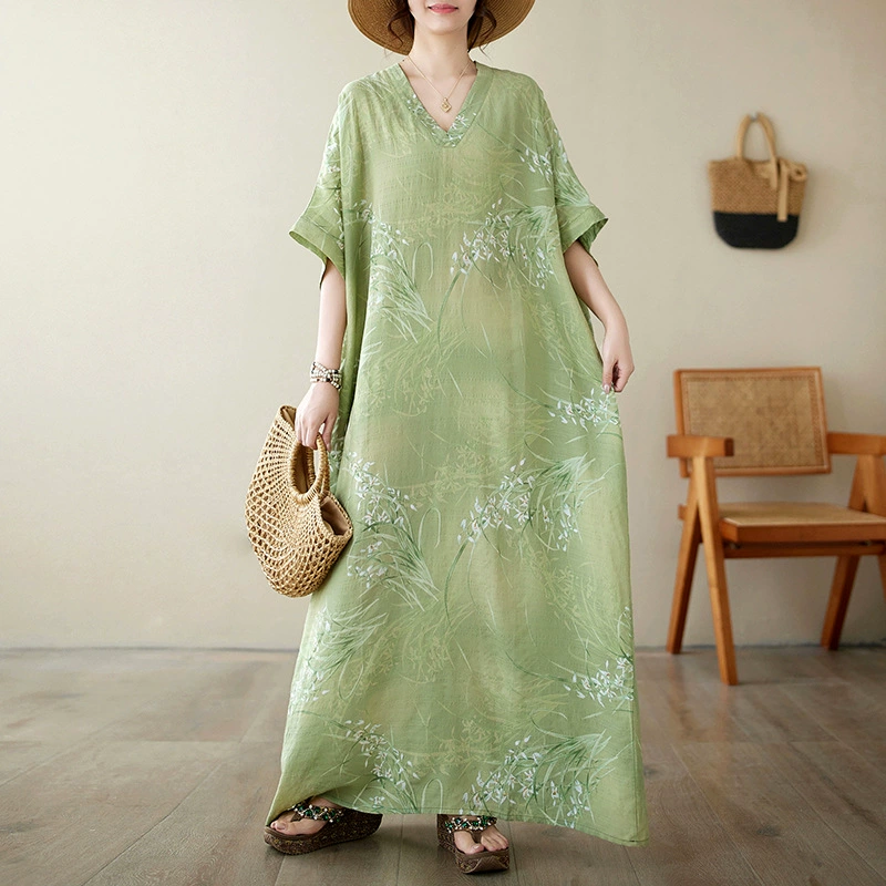 Summer retro long beach dress, V-neckline, cotton and linen, plus size
