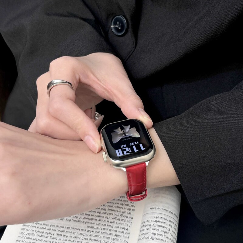 For Apple Watch s10 Soft Leather Breathable Bamboo Pattern iwatch9/8/7/6/se Small Man Waist Fine