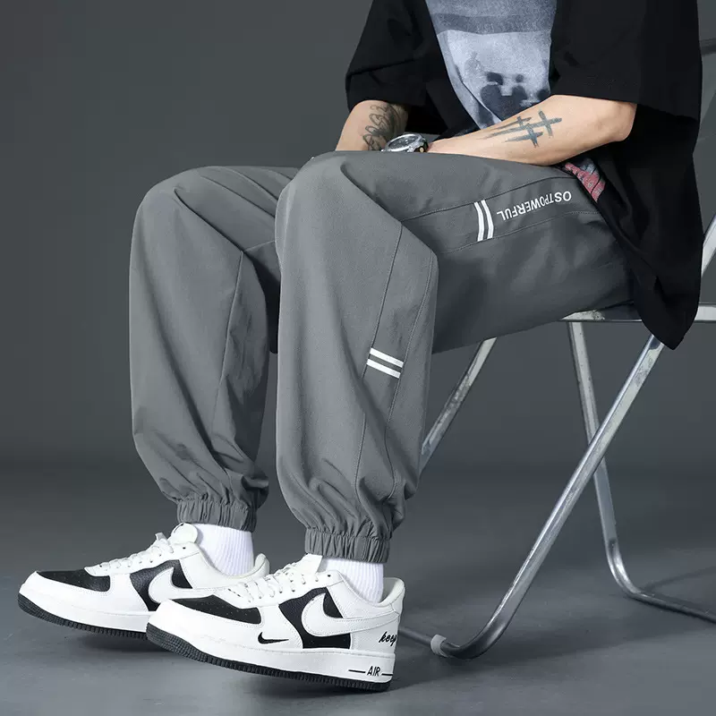 冰丝裤子男士夏季薄款束脚运动男裤宽松青少年阔腿速干休闲九分裤