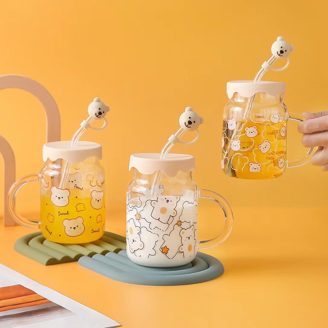 Oso de dibujos animados lindo creativo regalo de vidrio taza de paja taza de personalidad con tapa taza de leche taza de alto aspecto