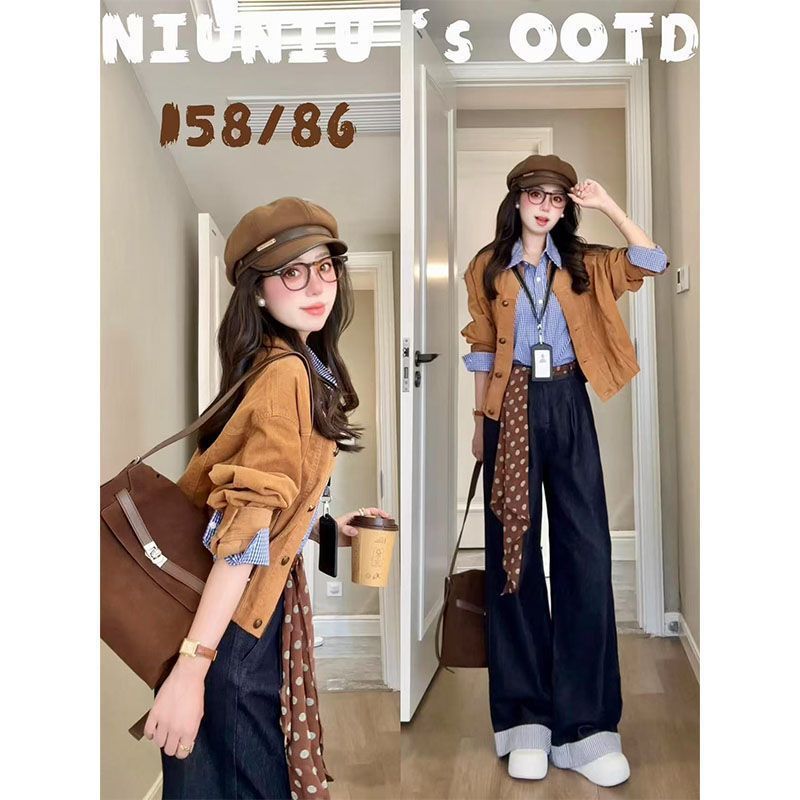 三件套装女2025早秋港风复古休闲长袖外套条纹衬衫高腰显瘦阔腿裤|undefined