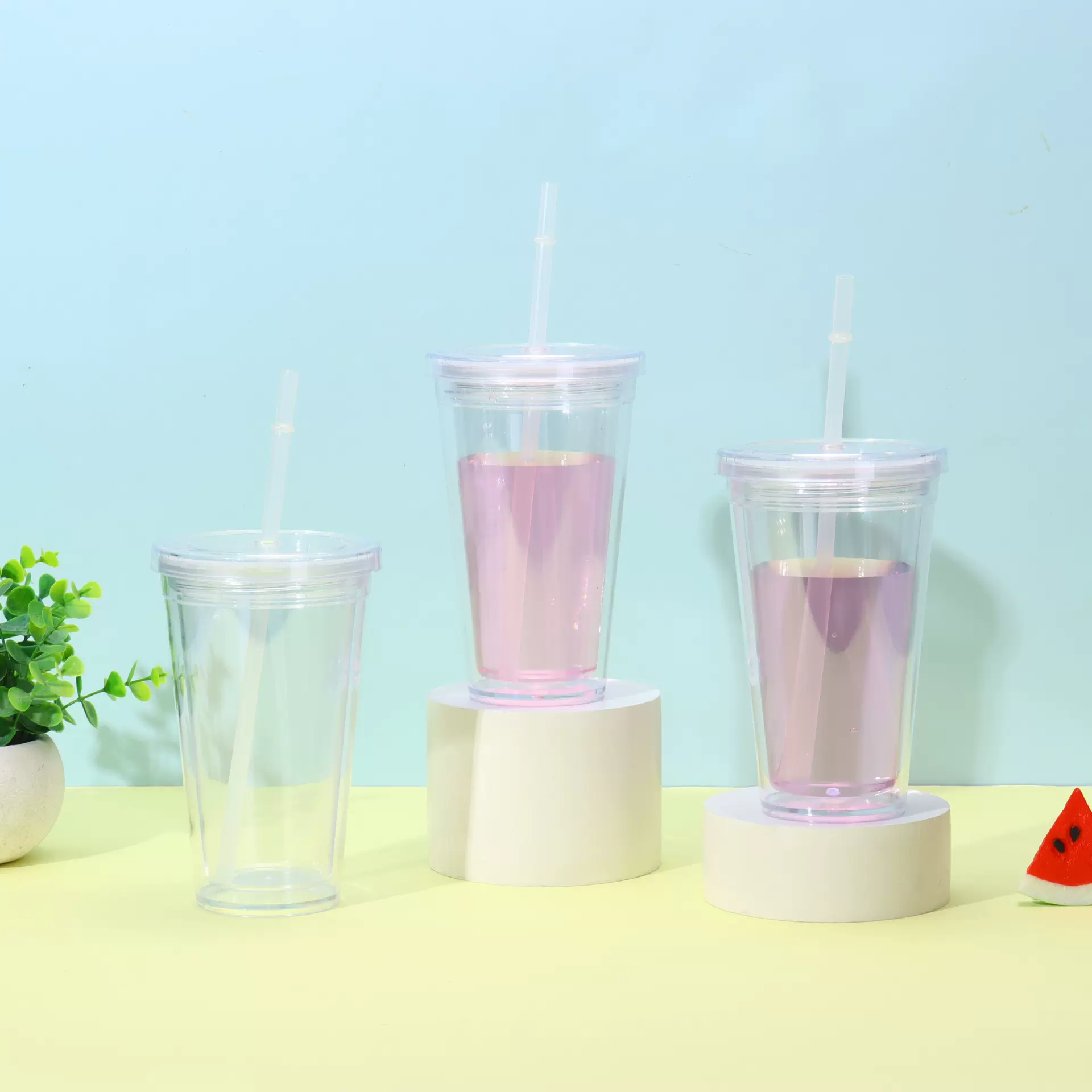新款透明双层塑料吸管冰杯夏季大容量DIY可加亮片闪粉冰杯冷饮杯