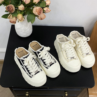 Youmu Ni Explosive Baotou Half Slippers Women's 2025 New Summer Women's Shoes Canvas Slip-on Lazy Shoes with No Heel Trendy