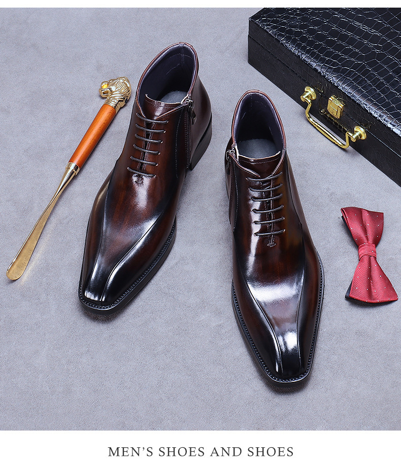 Kožené boty Velkoobchodní továrna Britské martinské boty Pravá kůže Módní společenské boty Špičatá špička Zip Vysoké kožené boty Kotníkové boty_voghion.com