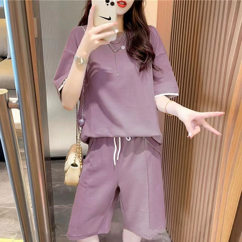 200 Jin спортивный костюм для отдыха больших размеров женский летний модный свободный комплект из двух предметов в Корейском стиле с короткими рукавами и пятью точками на 2023 год