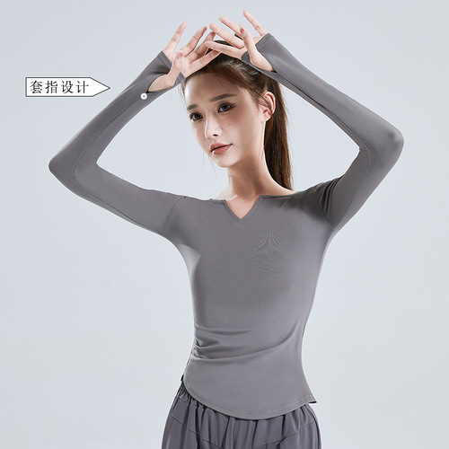 V-neck long-sleeved T-shirt quick-drying nude seamless yoga wear pleated waist slimming tight sports fitness top for women