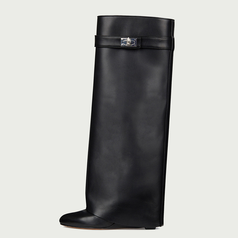 2026 New Foreign Trade Style Round-Toe Wide-Calf Straight Pointed Buckle Shark Buckle Mid-Length Boots with Wedge Heels for Women 2026 New Foreign Trade Style Round-Toe Wide-Calf Straight Pointed Buckle Shark Buckle Mid-Length Boots with Wedge Heels for Women