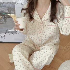 实拍2024秋冬新款睡衣长袖碎花保暖可外穿家居服套装女外贸批发
