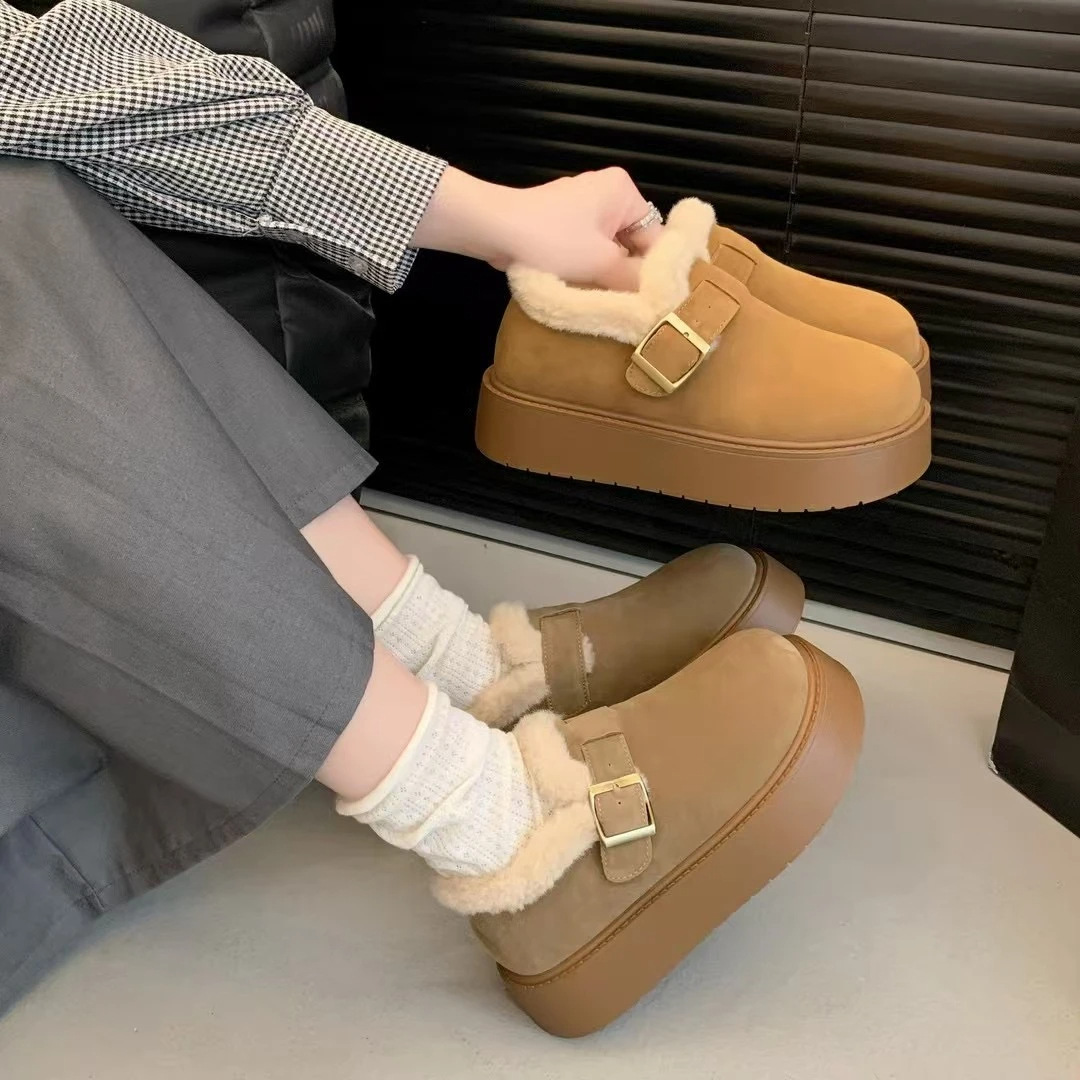 La lana de fondo grueso Lefour Bocken zapatos de mujer otoño / invierno 2025 nuevo tipo de botas de nieve de un pie zapatos de algodón cálido