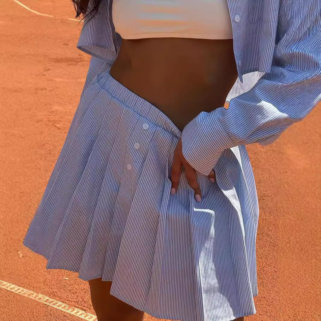 European And American Cross-Border Striped Long Sleeve Shirt Women's Tennis Fashion Casual Elastic Waist Pleated Short_ecoleips.com