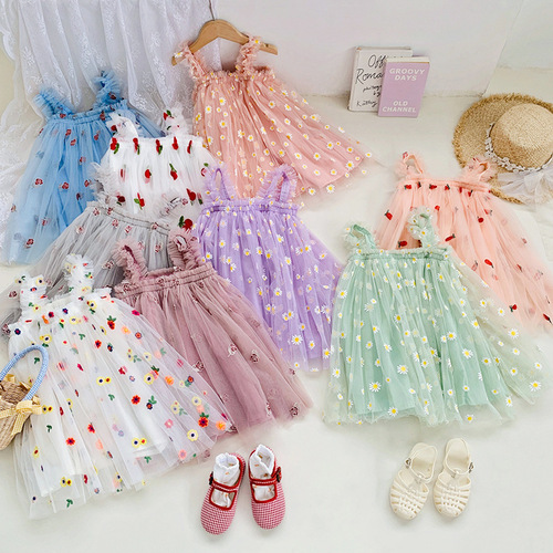 Ins Kids' Lace Camisole Dress 2024 Summer New Embroidered Lace Dress Baby Princess Dress