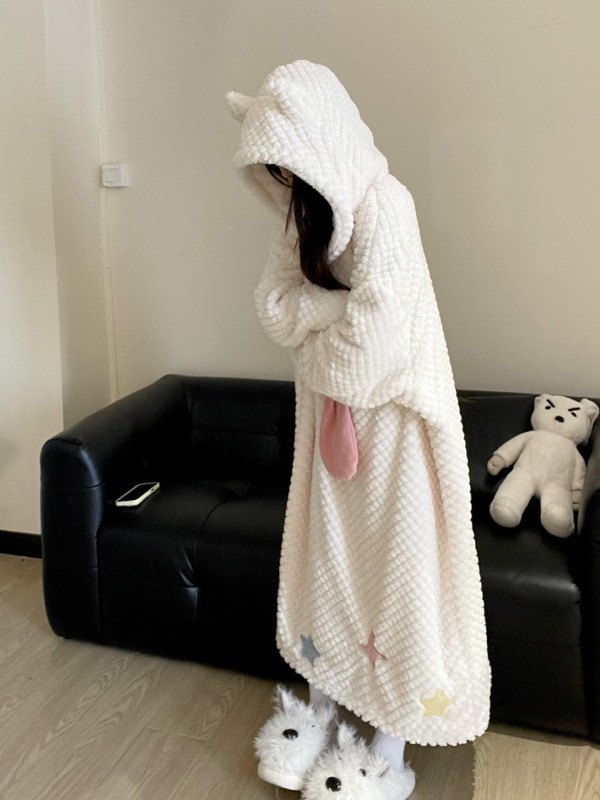 搞怪可爱幽灵睡裙冬季加绒加厚珊瑚绒睡衣女款宽松毛绒家居服套装|undefined