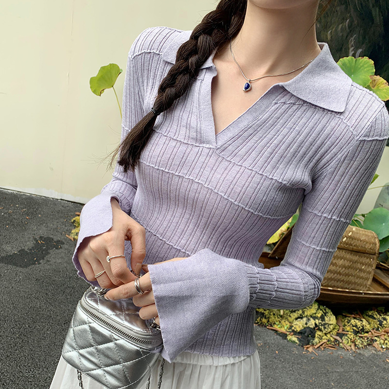 polo领喇叭长袖白色针织打底衫女新款入秋高级感穿搭修身显瘦上衣|undefined