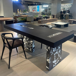 Modern Minimalist Designer Internet Celebrity Solid Wood Tea Table Black and White Flower Marble Creative Art Tea Table Dining Table Desk