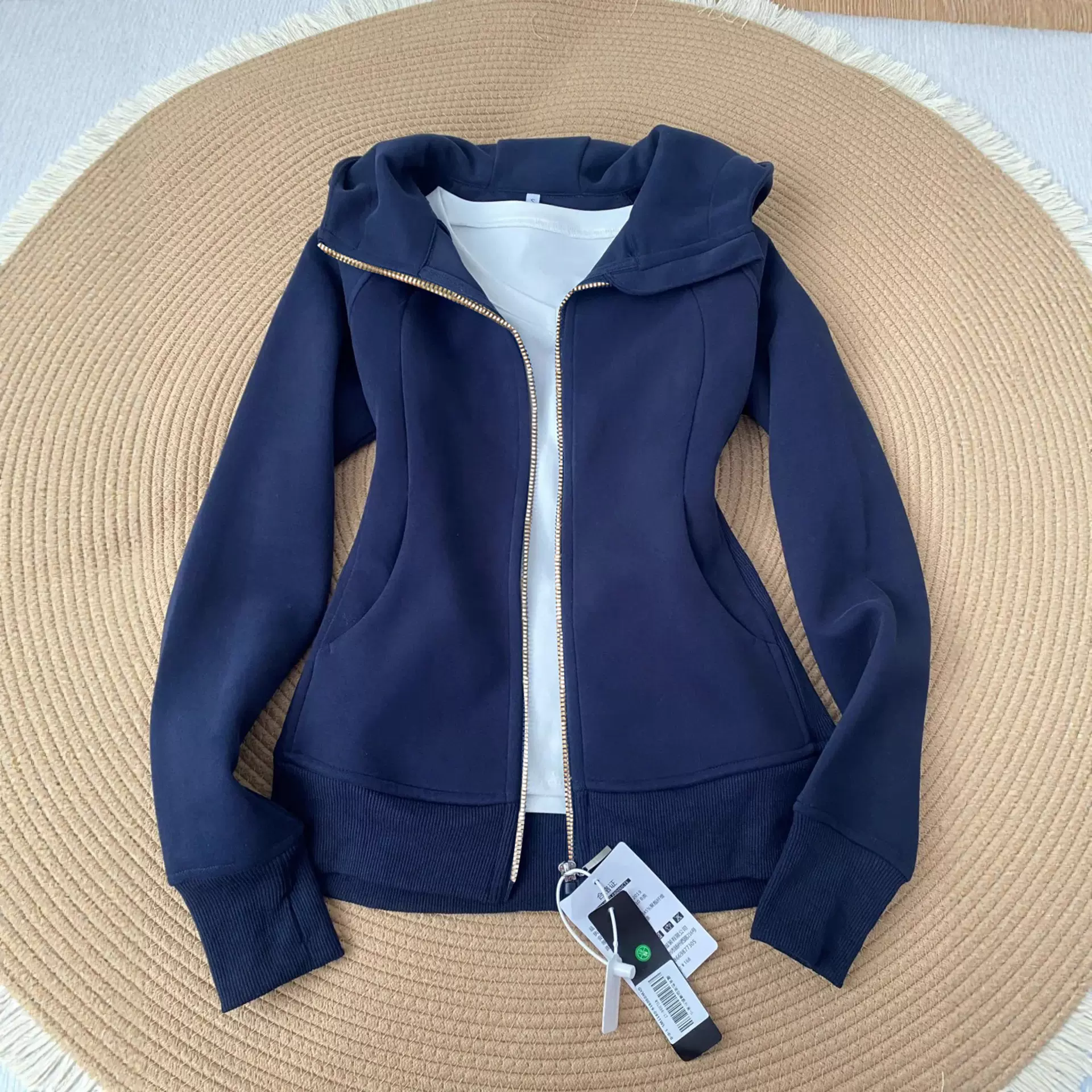 藏蓝色修身卫衣外套女春秋季金拉链连帽休闲运动上衣开衫2025新款