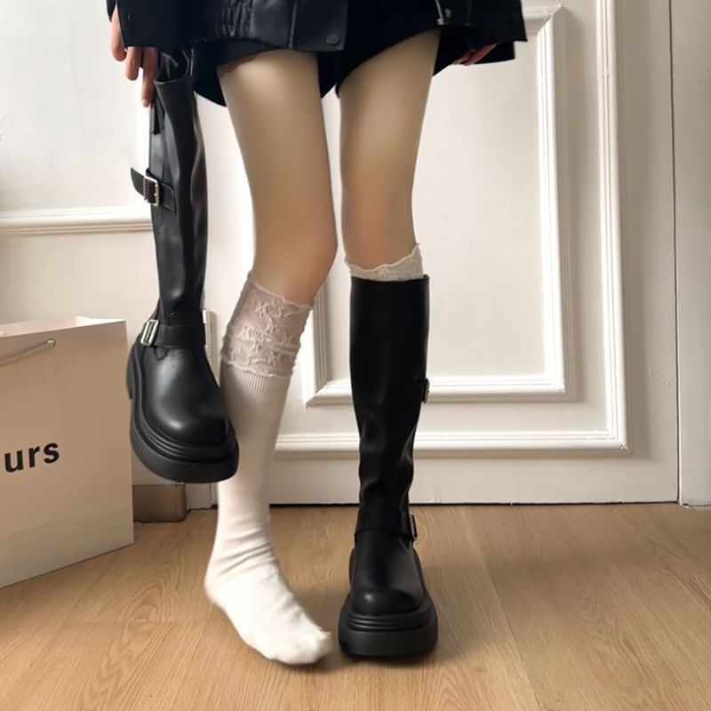 2025春秋新款高筒小个子长靴不过膝厚底靴子皮带扣长筒靴女款|undefined