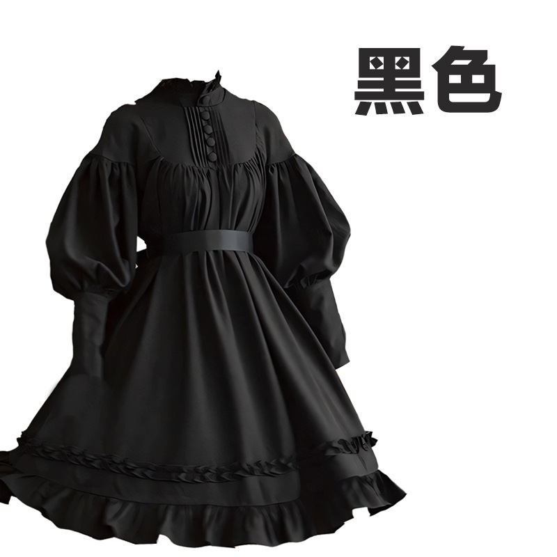 日系メイドCOS服現物モデル長袖ゆるいボタン立襟レース灯籠袖装飾純色ワンピース|undefined