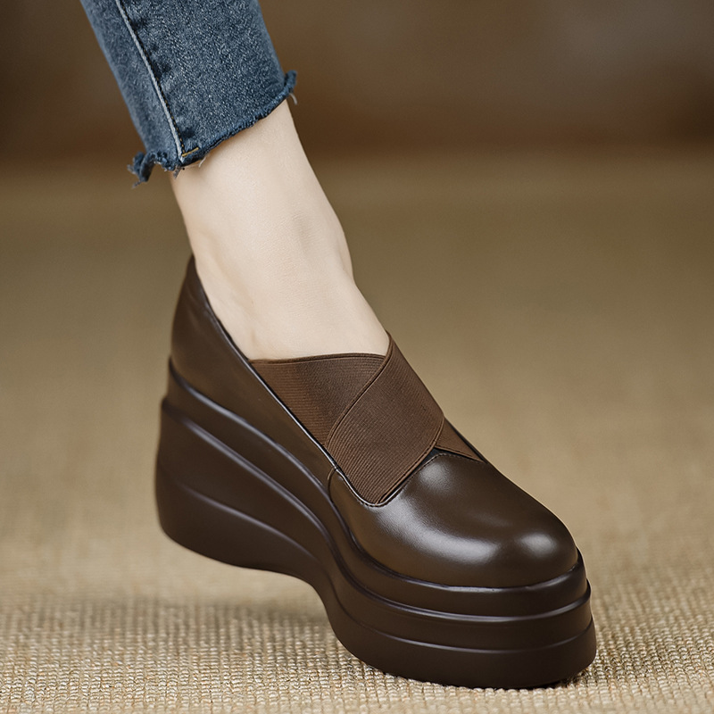 Comfortable Platform Bottom Loafers 2025 New Spring and Autumn All-match Wedge Leather Shoes Women's Slim High-heeled Shoes