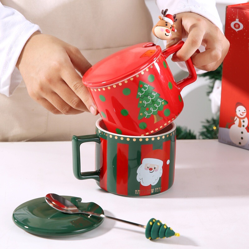 かわいいヘラジカクリスマス祭りギフトカップ家庭用セラミックカップマグカップ蓋付きスプーン付きカップルコーヒーカップ|undefined