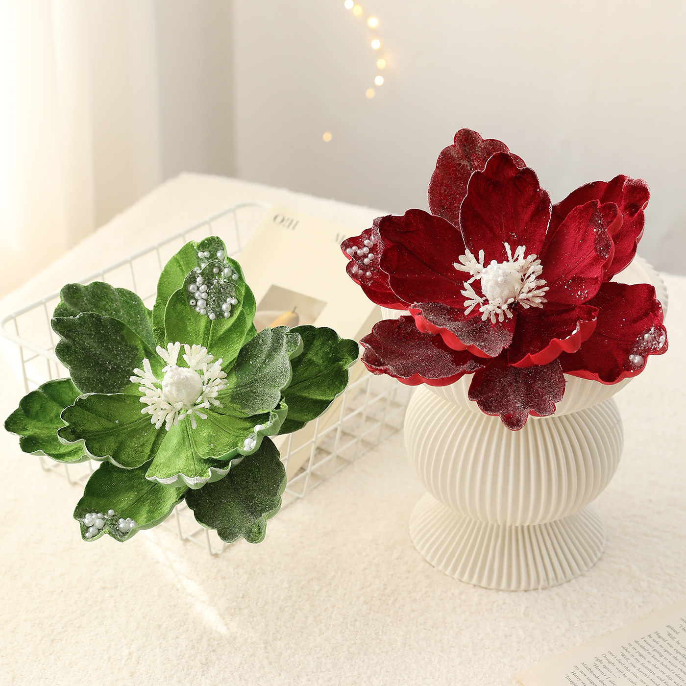 Nuevo producto 15CM flocado de polvo de viscosidad flor de Navidad magnolia de alta calidad tela de lujo decoración de Navidad imitación flores