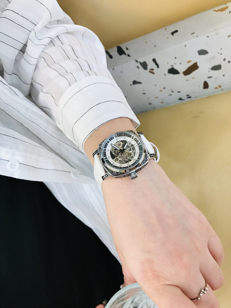 Double-sided hollow women's watch mechanical watch square retro carved Internet celebrity high-end couple watch men's watch belt_voghion.com