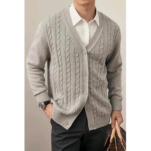 Autumn/Winter Korean Style Knitted Cardigan Jacket for Men - Slim Fit Solid Color Long Sleeve Crochet V-Neck Casual Business Sweater