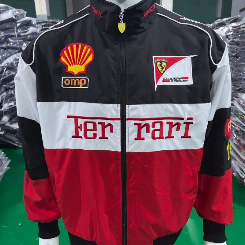 Black, white, and red color-blocked Ferrari embroidered stand-collar loose vintage racing casual jacket Black, white, and red color-blocked Ferrari embroidered stand-collar loose vintage racing casual jacket