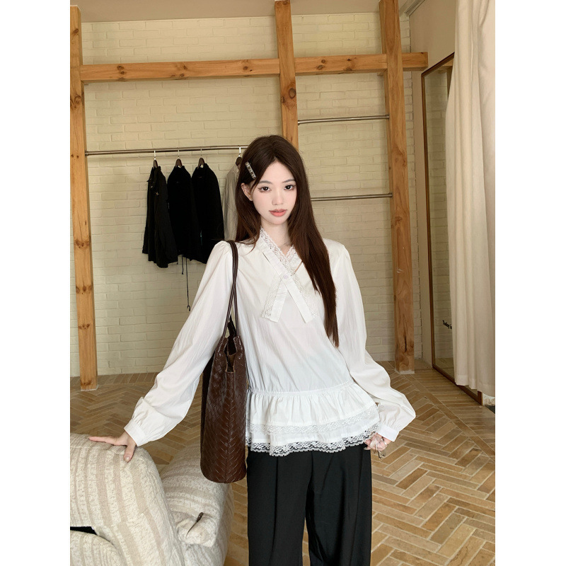 熹凤梨~舒芙蕾衬衫 韩系拼接蕾丝蝴蝶结宽松衬衫+美式百搭马甲|undefined