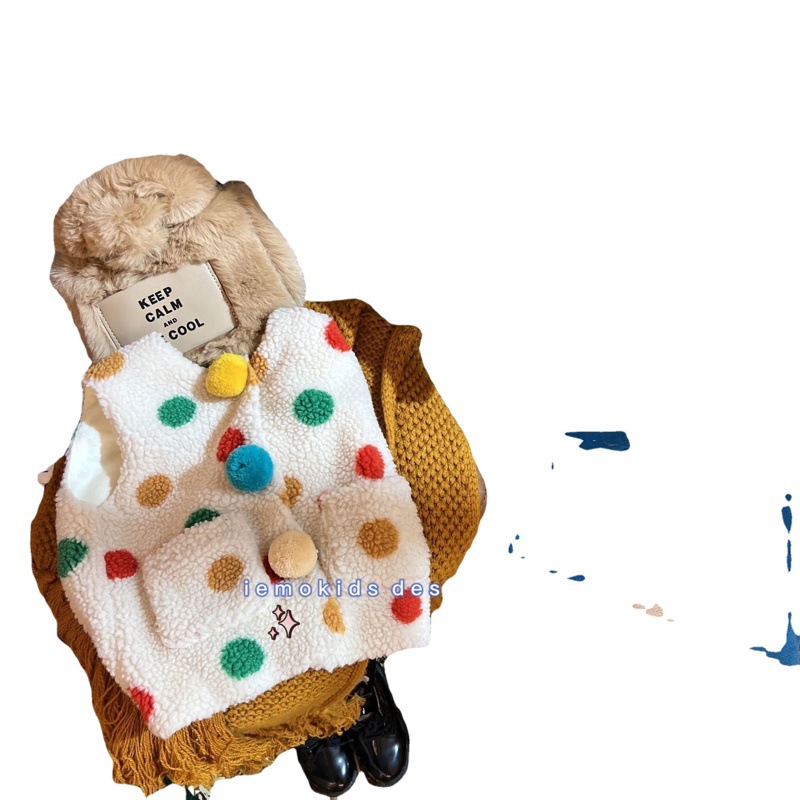 Otoño e Invierno nueva Corea del Sur ropa para niños niñas pequeñas y medianas bolsillo de felpa lana de cordero color sólido lunares chaleco forrado de lana chaleco