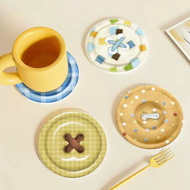 Fun Button Pattern Round Coaster, Hard Diatomite Table Heat-Insulating Tea Cup Absorbent Mat, Bathroom Sink Storage Mat