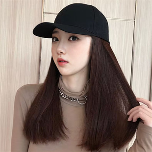 Factory New Wig Female Chemical Fiber Mechanism Medium Long Straight Hair Sunshade Duck Tongue Hat Integrated Long Hair Full Head Cover