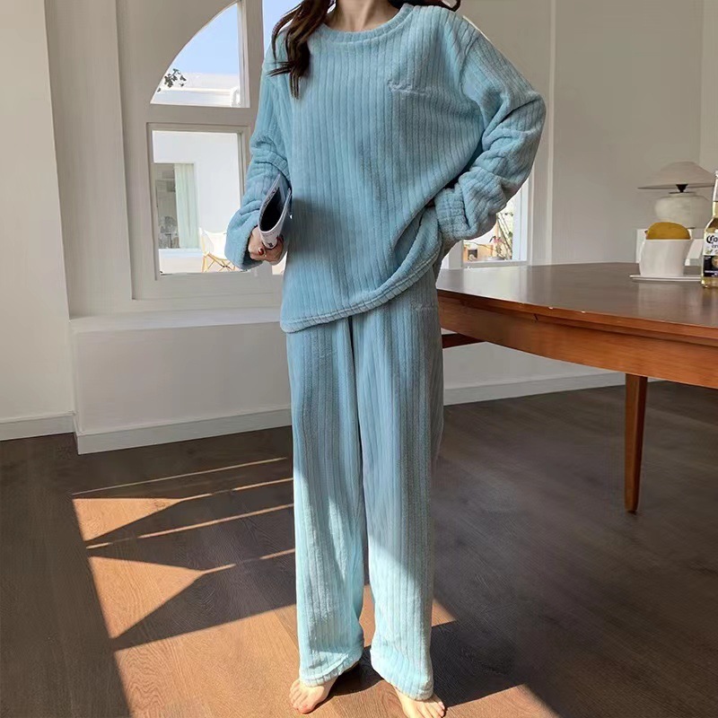 630g Weight Long Sleeve Sleeve Length Pajamas Lingerie Type Pullovers Placket Type Polyester Fabric Type Long Top Length Pants Sets Sets Type 2 Pieces Set Quantity Home Occasion Round Neck Neckline Warm Function Loose Fit Type Stripe, Solid Color Pattern Winter, Autumn Season Women's Gender Casual, Simple Style Style Autumn And Winter New Crescent City Warm Suit Casual Homewear Internet Celebrity Coral Fleece Thick Thermal Pajamas 6