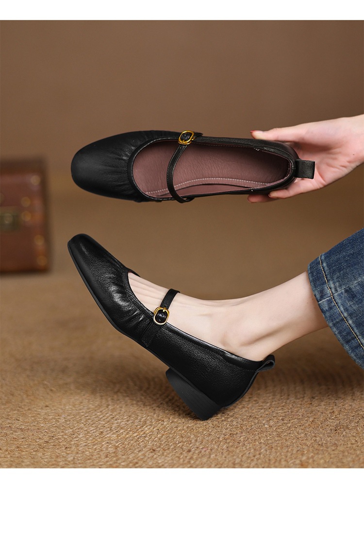 Giày Mary Jane da cừu gót thấp quai ngang mũi tròn miệng nông — Màu nâu chi tiết 8