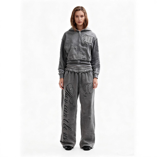 Autumn and winter new fashion suit Harajuku ins fashion broken hole zipper hooded hooded sweater casual retractable low-waist trousers