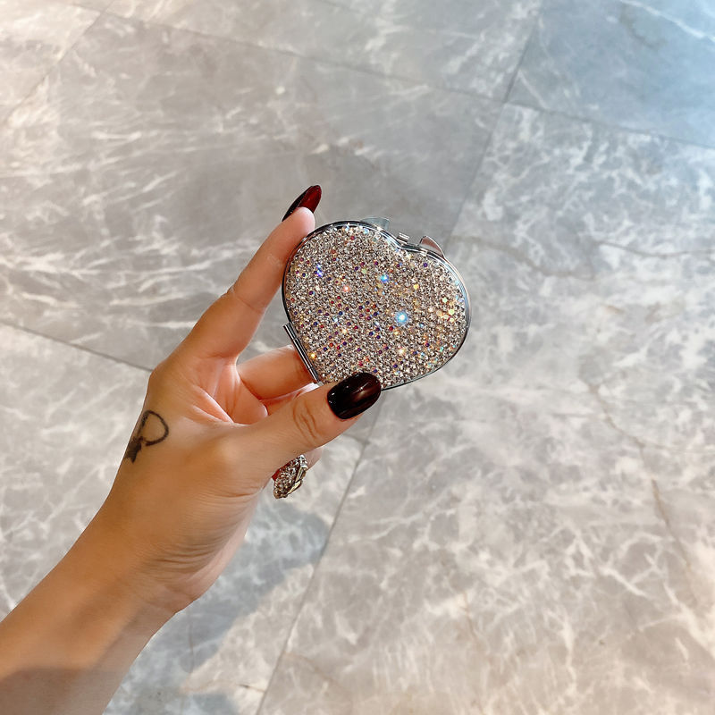 63g Weight Mirror Makeup Tools Types 1 Piece Quantity Rhinestone Material Heart Shape Pattern Glam, Shiny Style Glam Shiny Heart Shape Rhinestone Mirror 1 Piece 1