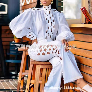 2021 Aliexpress Lace Shirt White Long Elegant Commuter Long-Sleeved Pure Color Pants Suit Retro Two-Piece Set