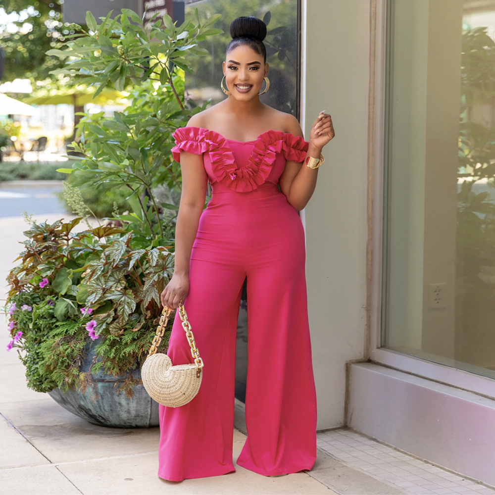 Elegant Women's One Shoulder Ruffled Slim Fit Jumpsuit Solid Colour_voghion.com